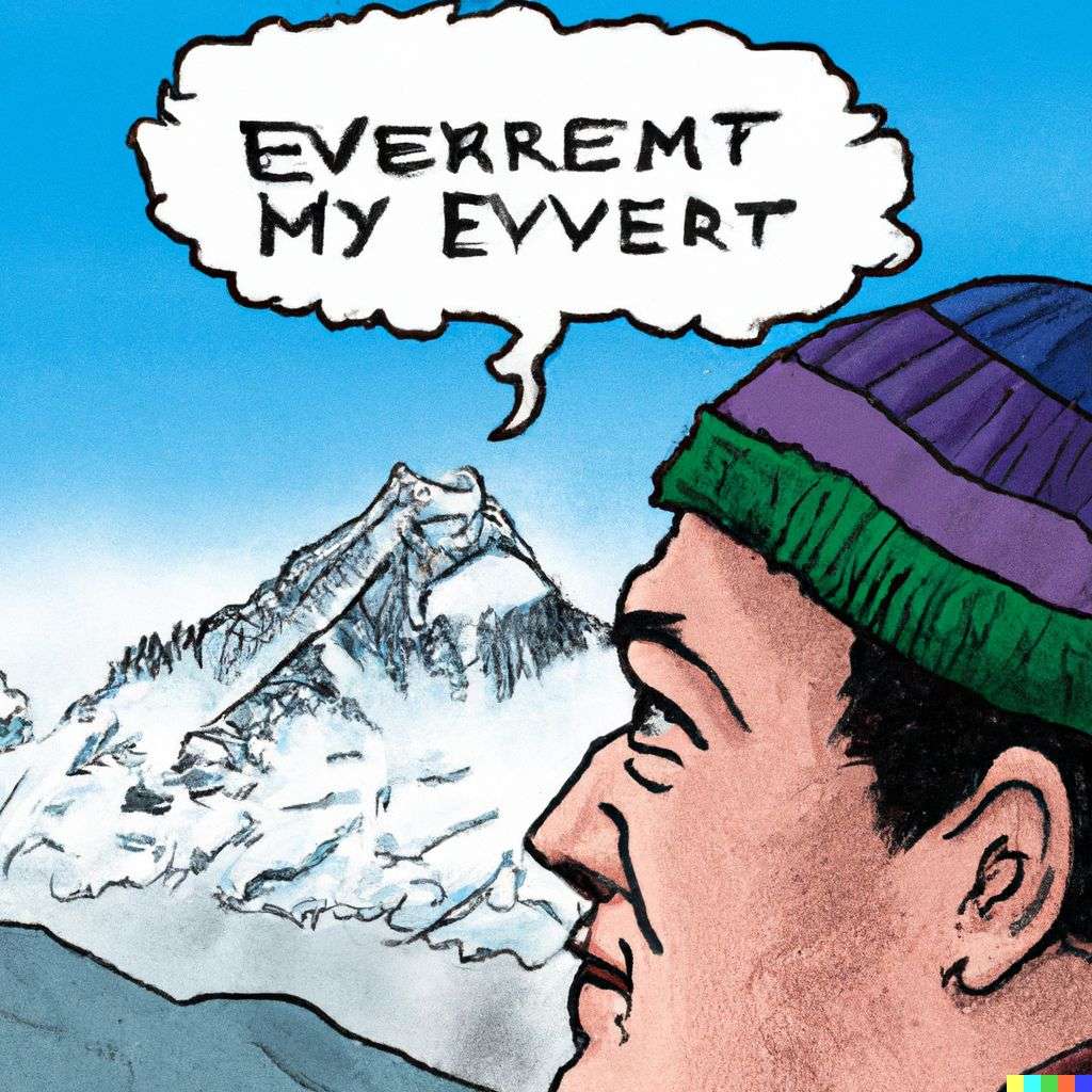 someone gazing at Mount Everest, comic book illustration, toon style